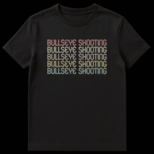 Retro 'BULLSEYE SHOOTING' t-shirt with multi-colored striped text on black background on Black t-shirt