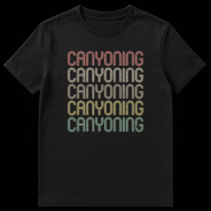 CANYONING stacked text t-shirt design with retro striped font in orange, cream, yellow, and teal colors on a black background on Black t-shirt
