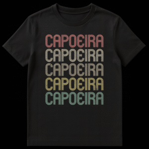 Capoeira Enthusiast Repeated Word Art T-Shirt with stacked colorful distressed 'CAPOEIRA' text on black on Black t-shirt