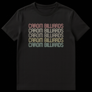 Carom Billiards t-shirt with repeated retro 70s/80s distressed text in vintage colors on black on Black t-shirt
