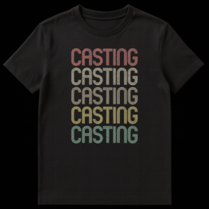 Black t-shirt with the word CASTING repeated five times vertically in a stacked, retro font. Each word is a different color from top to bottom, creating a muted rainbow gradient (pink, beige, brown, green, teal), all with a distressed texture. on Black t-shirt