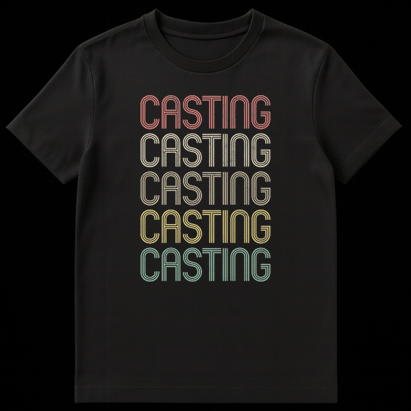 Black t-shirt with the word CASTING repeated five times vertically in a stacked, retro font. Each word is a different color from top to bottom, creating a muted rainbow gradient (pink, beige, brown, green, teal), all with a distressed texture. on Black t-shirt