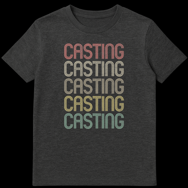 Black t-shirt with the word CASTING repeated five times vertically in a stacked, retro font. Each word is a different color from top to bottom, creating a muted rainbow gradient (pink, beige, brown, green, teal), all with a distressed texture. on Dark Heather t-shirt