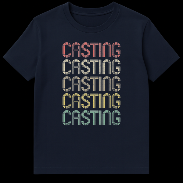 Black t-shirt with the word CASTING repeated five times vertically in a stacked, retro font. Each word is a different color from top to bottom, creating a muted rainbow gradient (pink, beige, brown, green, teal), all with a distressed texture. on Navy Blue t-shirt