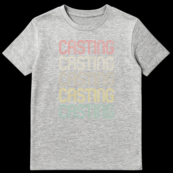 Black t-shirt with the word CASTING repeated five times vertically in a stacked, retro font. Each word is a different color from top to bottom, creating a muted rainbow gradient (pink, beige, brown, green, teal), all with a distressed texture. on Sports Grey t-shirt