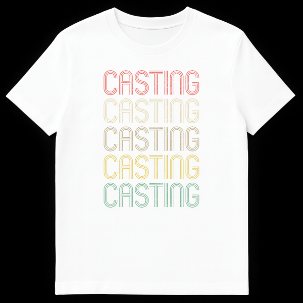 Black t-shirt with the word CASTING repeated five times vertically in a stacked, retro font. Each word is a different color from top to bottom, creating a muted rainbow gradient (pink, beige, brown, green, teal), all with a distressed texture. on White t-shirt