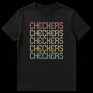 Vintage CHECKERS t-shirt with stacked, multi-colored distressed text on a black background, featuring a retro 70s style graphic for board game enthusiasts. on Black t-shirt