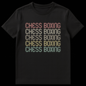 Vintage Chess Boxing T-Shirt with stacked text, retro distressed design on a black background on Black t-shirt