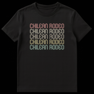 Vintage style "CHILEAN RODEO" stacked text t-shirt with distressed gradient colors on a black background on Black t-shirt