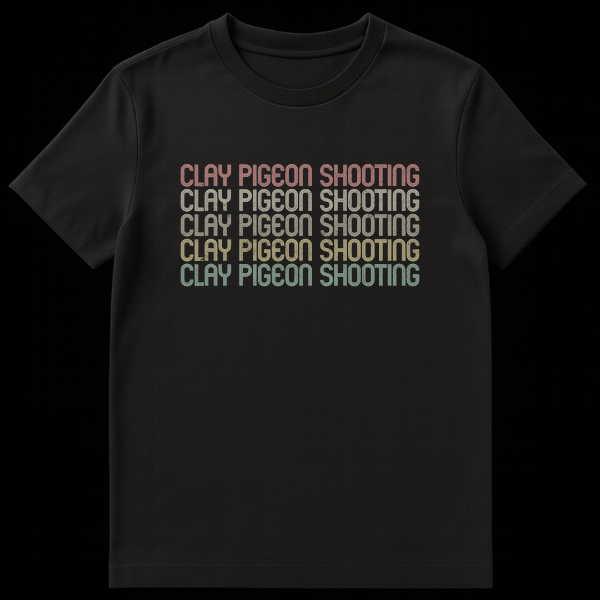 Black t-shirt with 'CLAY PIGEON SHOOTING' repeated five times in stacked, retro-style, gradient colored text. on Black t-shirt