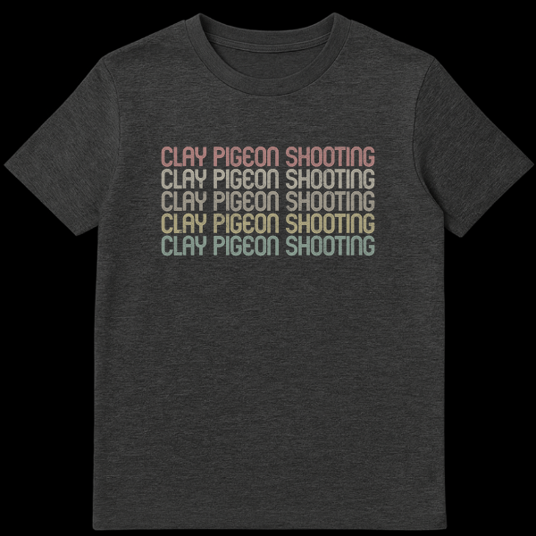 Black t-shirt with 'CLAY PIGEON SHOOTING' repeated five times in stacked, retro-style, gradient colored text. on Dark Heather t-shirt