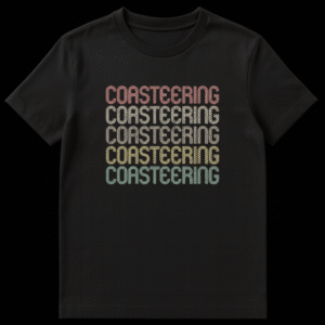 Coasteering t-shirt with retro striped text in colorful gradient (coral, beige, mustard, olive, turquoise) on a black background, repeated five times. on Black t-shirt