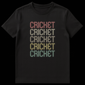 Vintage multi-line 'CRICKET' text in retro colors with distressed texture on a t-shirt on Black t-shirt