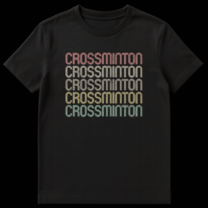 Crossminton t-shirt design showing the word 'CROSSMINTON' repeated five times vertically in a multi-line, gradient-colored font against a black background. on Black t-shirt