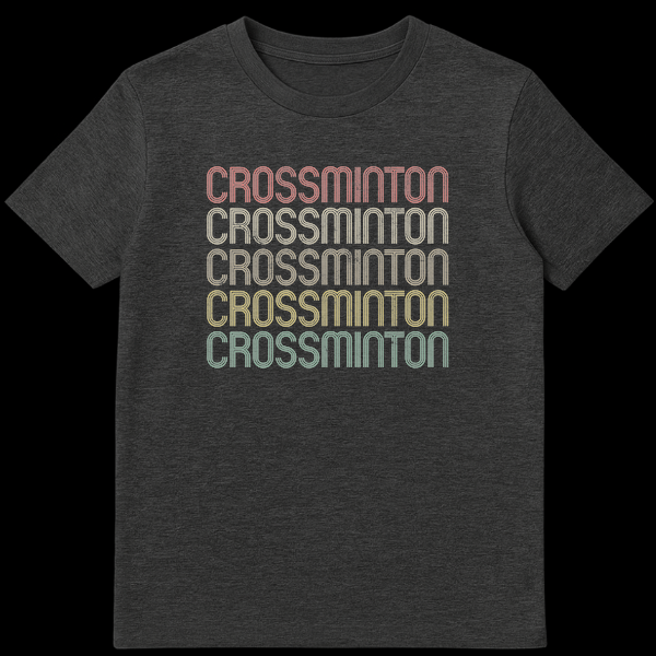 Crossminton t-shirt design showing the word 'CROSSMINTON' repeated five times vertically in a multi-line, gradient-colored font against a black background. on Dark Heather t-shirt