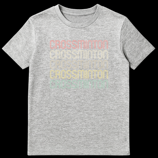 Crossminton t-shirt design showing the word 'CROSSMINTON' repeated five times vertically in a multi-line, gradient-colored font against a black background. on Sports Grey t-shirt