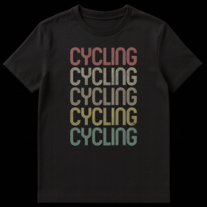 Vintage style 'CYCLING' repeated text t-shirt with distressed font in muted colors, stacked vertically on a black background on Black t-shirt