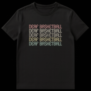 Deaf Basketball t-shirt with repeated retro text in multiple colors like red, tan, yellow, and teal, all with a distressed texture. on Black t-shirt