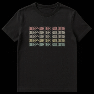 Deep-Water Soloing T-Shirt with repeated text design on Black t-shirt