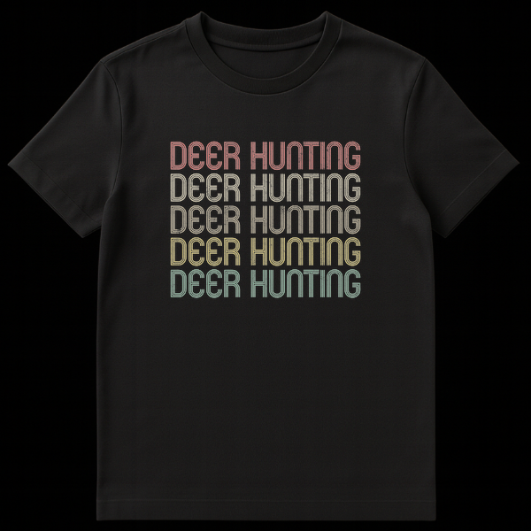 Deer Hunting t-shirt with repeated stacked text in retro font and progressive colors from red to teal on a black background. on Black t-shirt