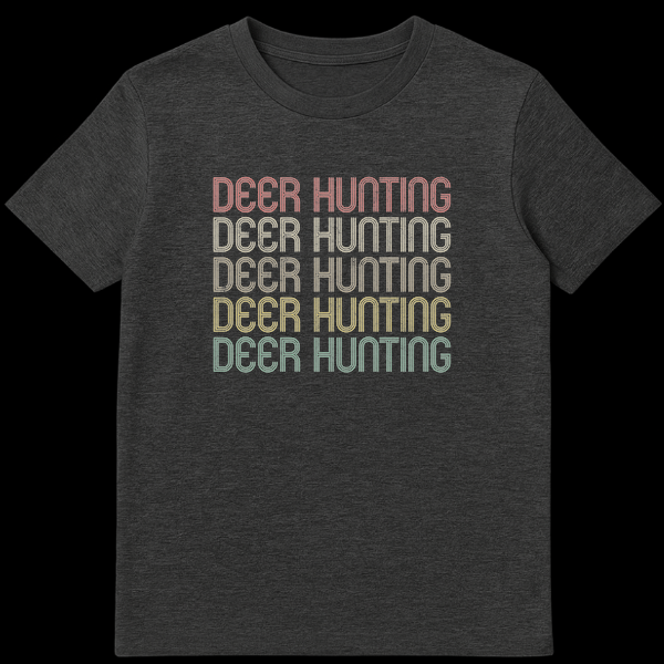 Deer Hunting t-shirt with repeated stacked text in retro font and progressive colors from red to teal on a black background. on Dark Heather t-shirt