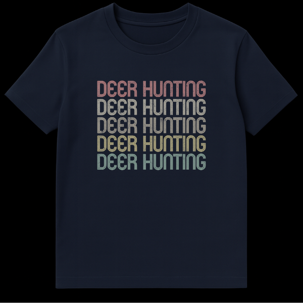 Deer Hunting t-shirt with repeated stacked text in retro font and progressive colors from red to teal on a black background. on Navy Blue t-shirt