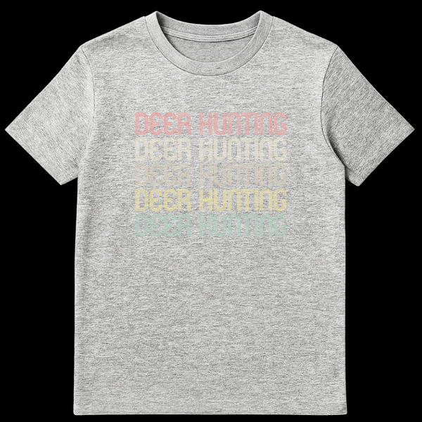 Deer Hunting t-shirt with repeated stacked text in retro font and progressive colors from red to teal on a black background. on Sports Grey t-shirt