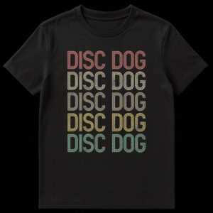 DISC DOG multi-color retro distressed font t-shirt on black background on Black t-shirt
