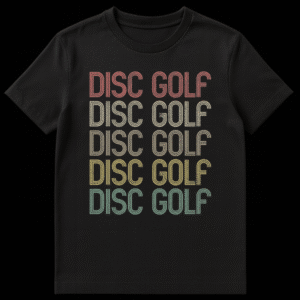 Vintage Stacked DISC GOLF T-Shirt with multi-color text on a black background, showing distressed retro lettering in a gradient from faded red to teal. on Black t-shirt