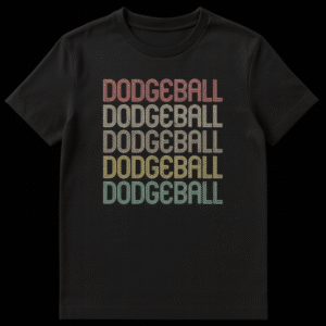 Retro 'DODGEBALL' stacked text t-shirt with muted vintage colors on a black background on Black t-shirt