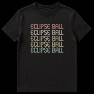 ECLIPSE BALL retro game stacked text design t-shirt with gradient colors and distressed texture on a black background on Black t-shirt