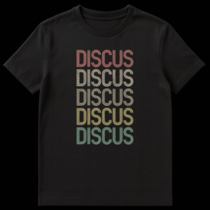 Discus sports t-shirt with five distressed 'DISCUS' words in red, beige, tan, yellow, and teal colors on Black t-shirt