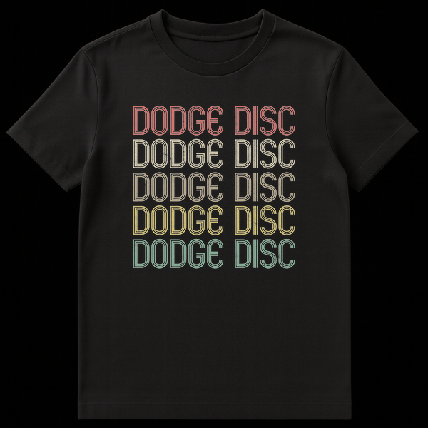 Black t-shirt featuring 'DODGE DISC' repeated five times in a distressed, retro outlined font with a rainbow gradient color scheme. on Black t-shirt
