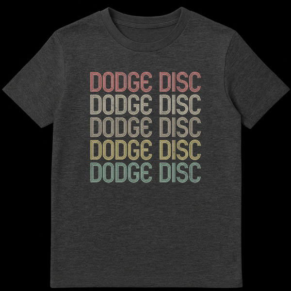 Black t-shirt featuring 'DODGE DISC' repeated five times in a distressed, retro outlined font with a rainbow gradient color scheme. on Dark Heather t-shirt