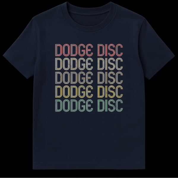 Black t-shirt featuring 'DODGE DISC' repeated five times in a distressed, retro outlined font with a rainbow gradient color scheme. on Navy Blue t-shirt