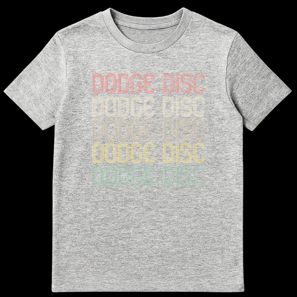 Black t-shirt featuring 'DODGE DISC' repeated five times in a distressed, retro outlined font with a rainbow gradient color scheme. on Sports Grey t-shirt