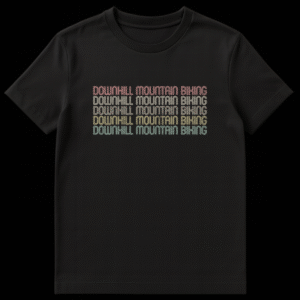 Black t-shirt with 'DOWNHILL MOUNTAIN BIKING' repeated five times in stacked, distressed inline text, colors from top to bottom are coral, tan, yellow, green, teal. on Black t-shirt