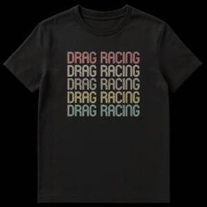 Vintage style DRAG RACING stacked text t-shirt with distressed, multi-colored letters on a black background, evoking a retro motorsports aesthetic. on Black t-shirt