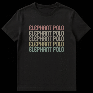 ELEPHANT POLO t-shirt with retro multi-line striped text style and rounded edges on Black t-shirt