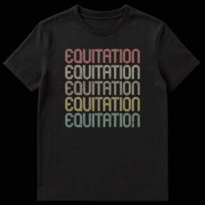 Black t-shirt with 'EQUITATION' repeated five times vertically in a multi-line sans-serif font, featuring a color gradient from reddish-pink to yellow, olive-green, and pale teal, with a distressed texture. on Black t-shirt