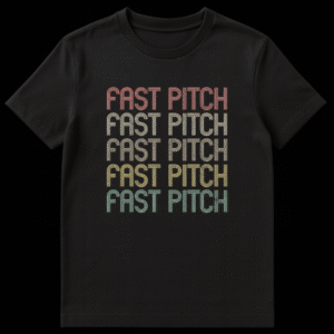 Vintage Fastpitch Softball t-shirt with vertically stacked, distressed 'FAST PITCH' text in retro colors on Black t-shirt