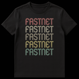 T-shirt with 'FASTNET' repeated five times in reddish-orange, beige, khaki, gold, and teal colors, celebrating the iconic yacht race on Black t-shirt