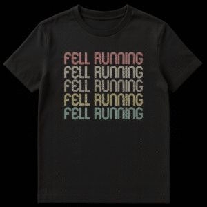 FELL RUNNING text repeated five times in a vertical stack, each line a different distressed retro color (pink, beige, yellow, green, blue) on a black t-shirt. on Black t-shirt