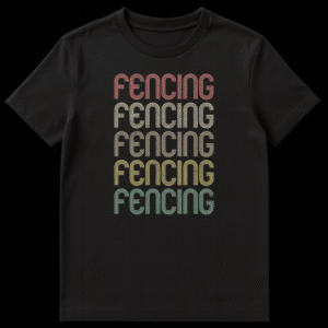 Minimalist retro FENCING t-shirt design with stacked, distressed text in fading colors from pink to blue-green on black background. on Black t-shirt