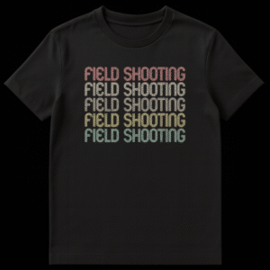 Vintage 'FIELD SHOOTING' t-shirt with stacked, gradient colored text in a distressed inline font against a black background. on Black t-shirt