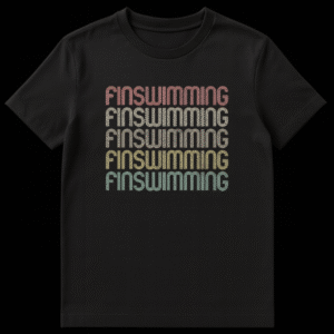T-shirt with the word FINSWIMMING repeated five times in a bold, stacked design. on Black t-shirt
