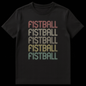 Fistball Player Retro Game Pride Unisex T-Shirt with 'FISTBALL' text in a multi-line striped, distressed font on Black t-shirt