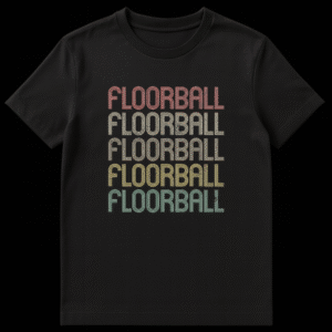 Floorball t-shirt with 'FLOORBALL' text repeated five times in a distressed multi-line retro font. on Black t-shirt