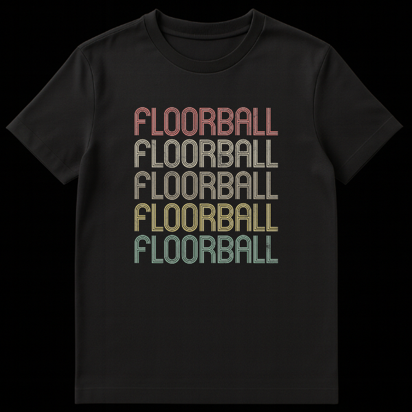 Floorball t-shirt with 'FLOORBALL' text repeated five times in a distressed multi-line retro font. on Black t-shirt