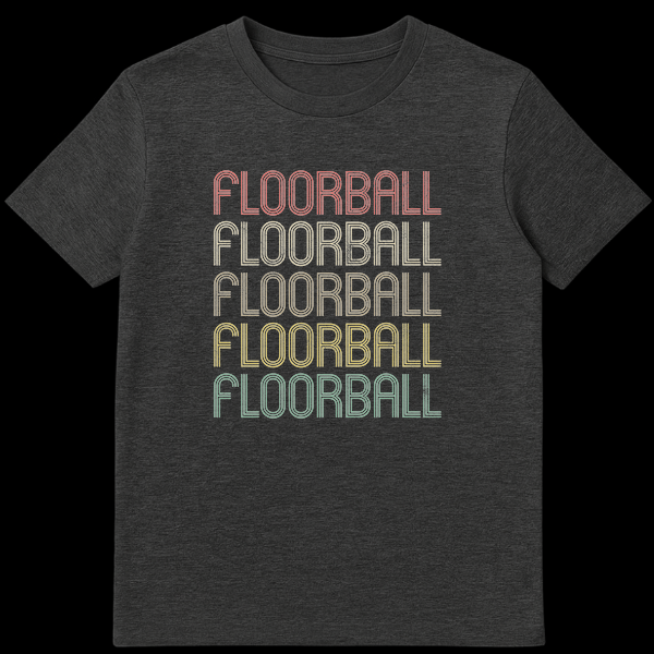 Floorball t-shirt with 'FLOORBALL' text repeated five times in a distressed multi-line retro font. on Dark Heather t-shirt